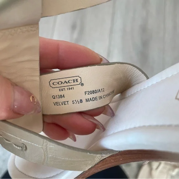 Coach Velvet Vachetta Low Wedge T-Strap Sandals in Gold & Cream Summer Resort - Picture 4 of 8